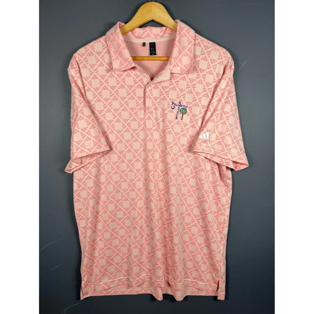 Adidas Mens Large Pink Palmetto Amateur Golf Polo Shirt Geometric Print Logo